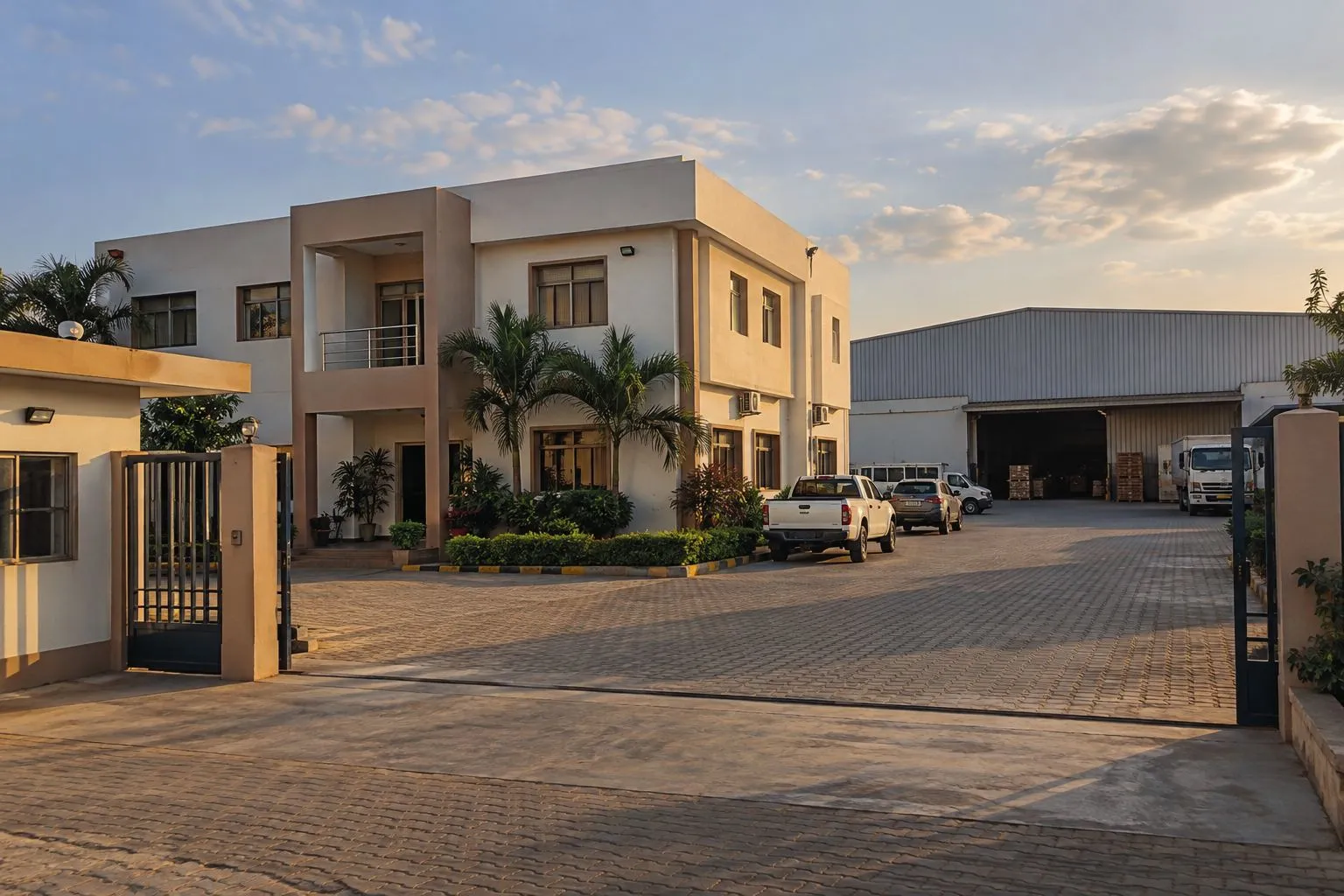 Recinto empresarial com portão e muro de perímetro ao fim do dia