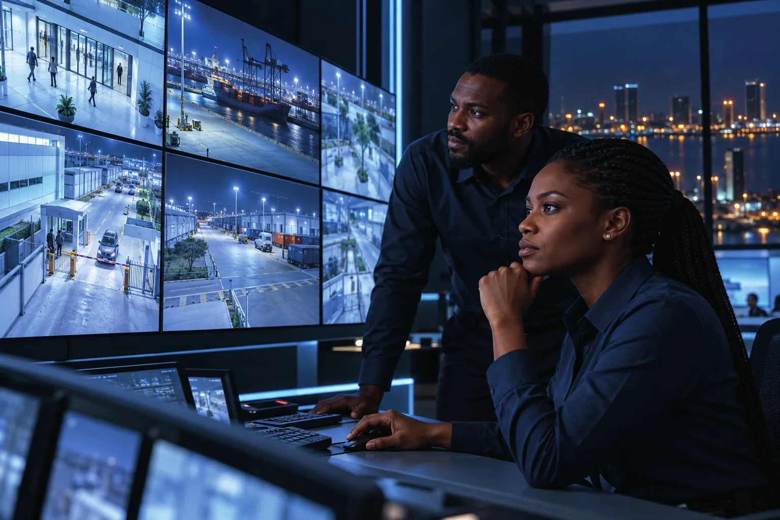 Sala de controlo com uma parede de vídeo e dois operadores